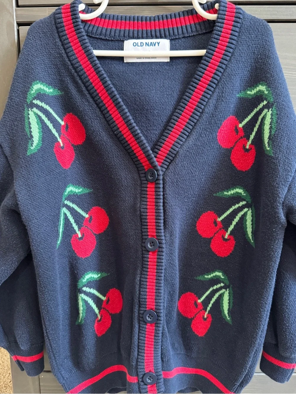 Old Navy Navy Cardigan Sweater with Red Cherry Motif